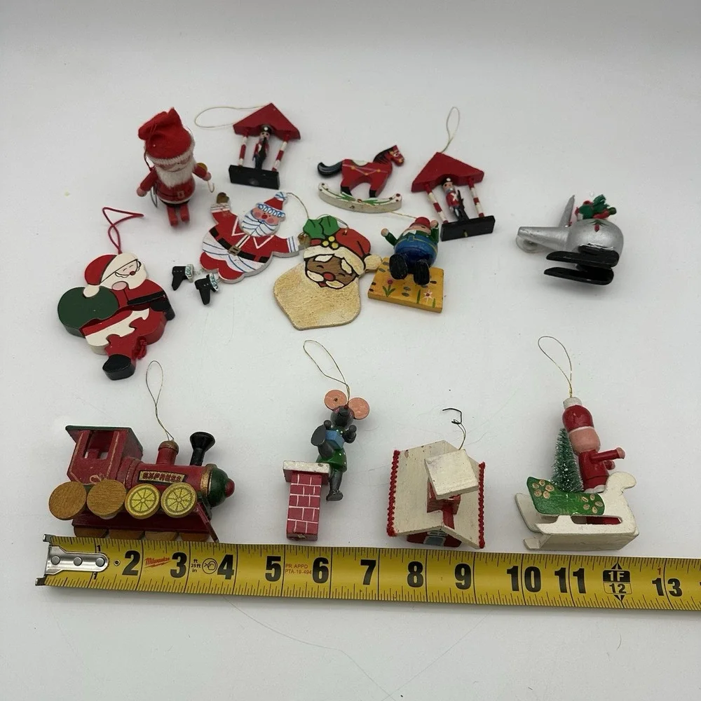 Lot Of 13 VTG wooden ornaments Santa, Train ,Nutcracker, House, Horse, Chimney